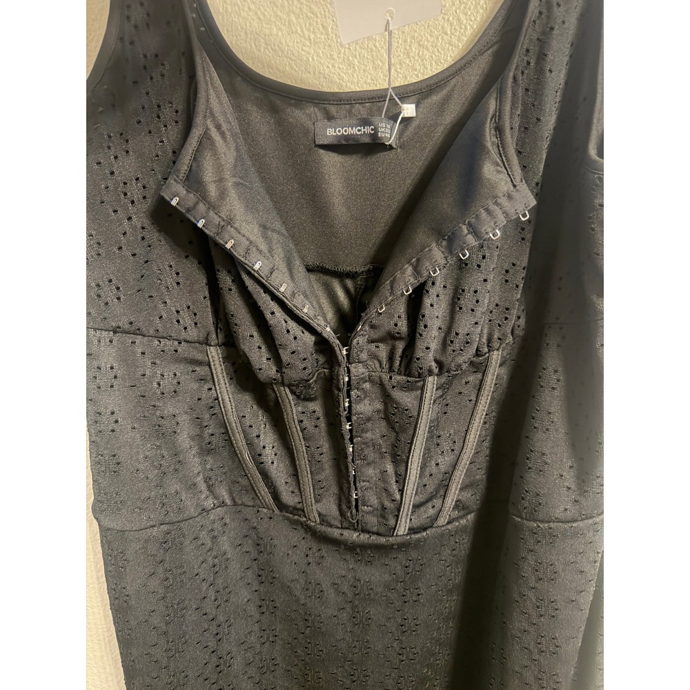 Bloomchic Black Eyelet Corset Midi Dress Hook & Eye Front Size 16 Sleeveless - Picture 4 of 10
